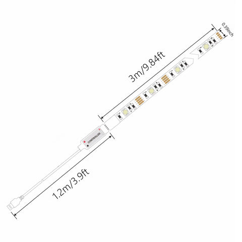 Diagram of TV Backlight LED Strip For 32 To 65 Inch TVs, USB RGB Light Strip 13.2 Foot with dimensions shown