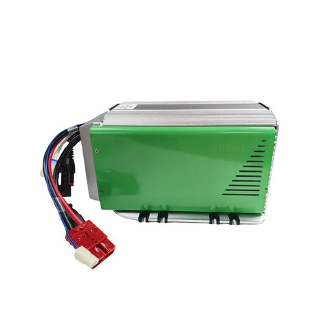Premium 48 Volt Heavy Duty Battery Charger Replacement For Industrial Boom And Scissor Lifts Plug In Ready Setup with green housing.