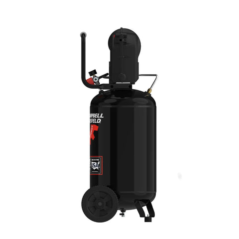 Campbell Hausfeld C151CH 15 Gallon Vertical Air Compressor with 225 PSI high pressure, side view showcasing the compact design and wheels.