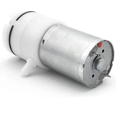 Micro air pump, DC 12V vacuum pump with metal body and white plastic end cap (side view)