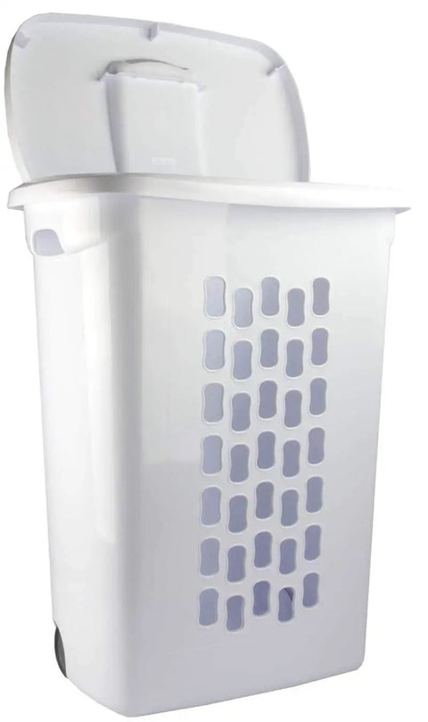 Heavy Duty Wheeled Laundry Hamper With Secure Lid And Smooth Rolling Wheels For No Sweat Hauling Of Dirty Clothes And Towels, Solid White Plastic Build, open lid view.
