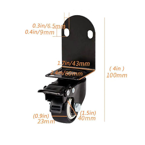 Ridiculously Smooth Swivel Caster Wheels 4 Pack With Heavy Duty L Shaped Brackets showing black PVC castor dimensions and design.