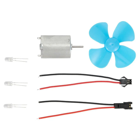 Wind Turbine Generator Kit For DIY Projects And Teaching Models With 12V Turbine Motor That Converts Wind Into DC 0 To 20V Power Compact 25mm By 31mm Size And Easy Plug And Play Electrical Components For Education, showing components like motor, paddle, LED lights, and wires.