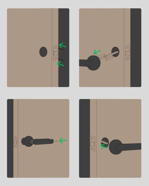 Diagram showing installation of 3-In-1 Fingerprint Smart Door Lock With Keypad And Mechanical Key on standard US door