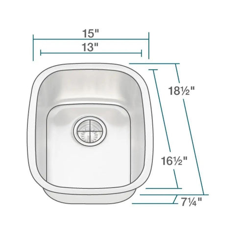 Diagram of Undermount 15 Inch Stainless Steel Bar Sink With Wet Bar Style Narrow Rectangular Bowl, dimensions detailed.