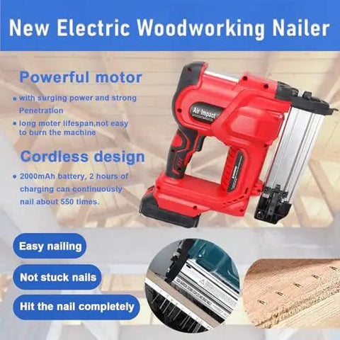 Badass Cordless 2 In 1 Brad Nailer And Tacker With 21V Rechargeable Battery, showcasing powerful motor, cordless design, and nail features.