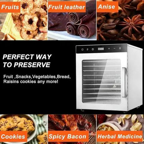 No Sweat 10 Tier Electric Food Dehydrator With Stainless Steel Shelves And Simple Digital Controls for making dried fruits and snacks.