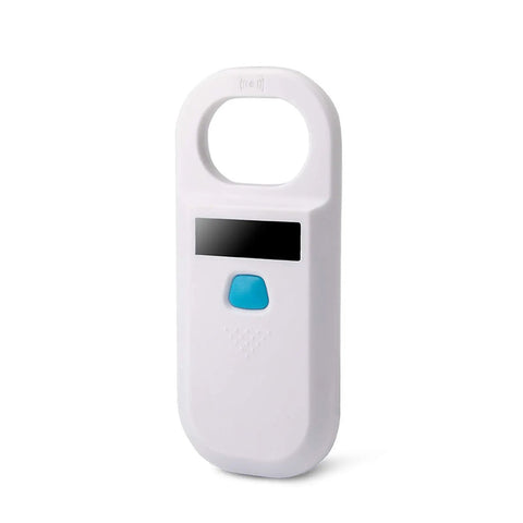 Portable OLED Display RFID Microchip Reader For Dogs And Cats ISO11784 11785 FDX B 134.2KHz And 125KHz Frequency EMID Support 128 Memory Slots Black For Pet Owners On The Go, white and blue handheld device