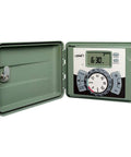 Four Station Outdoor Sprinkler Timer With Swing Panel for Lawn Care, open weatherproof cabinet showing control panel