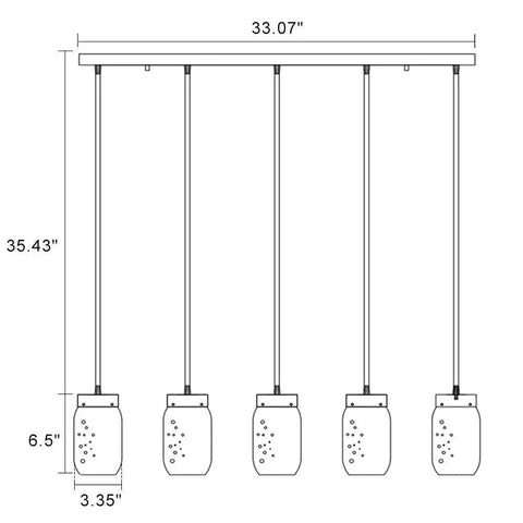 Diagram of Five-Light Mason Jar Chandelier For Kitchen Island Farmhouse Linear Pendant Light Fixture With Matte Black Finish.