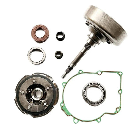 Unlock Ridiculous Torque Delivery With This Bulletproof Wet Shoe Clutch Drum Housing Carrier And Zero Lag One Way Bearing Kit components laid out.