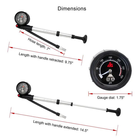 High Pressure Suspension Pump For Motorcycle And Bicycle Air Forks Shocks And Dropper Posts with dimensions and gauge