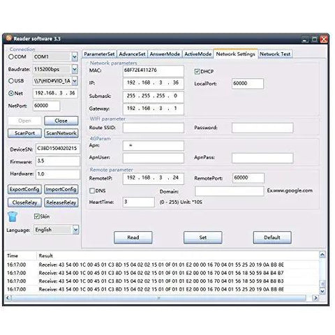 Software interface for Beefy Long Range UHF RFID Reader With 9 dBi Circular Antenna, 902-928 MHz, network configuration screen.