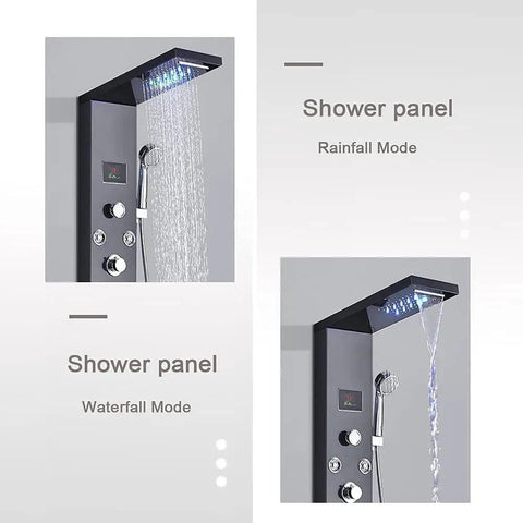 LED Rainfall Shower Panel Tower With Waterfall Handheld Tub Spout And Massage Jets Temperature Display in rainfall and waterfall modes