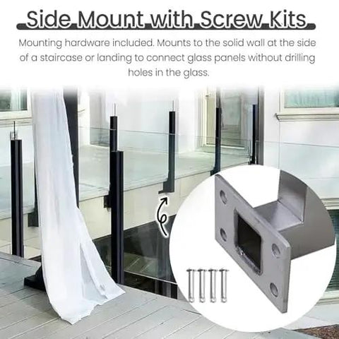 Side Mount with Screw Kits for Top Tier Black Glass Railing Kit With Stainless Steel Deck Support, mounts to wall for glass panels.