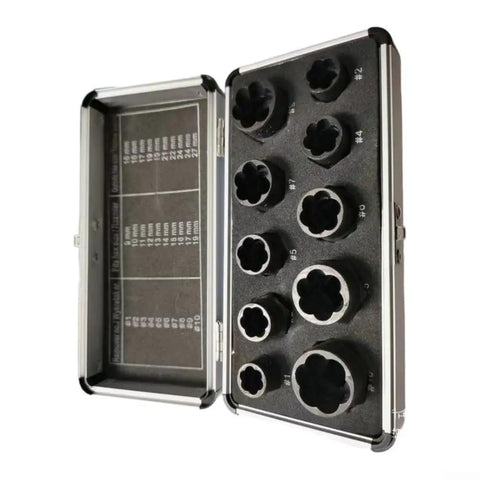 Heavy Duty Steel Bolt Extractor Socket Set 10pc For Gnarly Rusted And Rounded Nuts Fits Standard Ratchets in case.