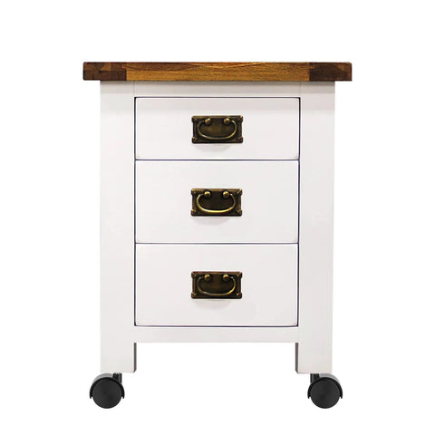 White wood cabinet with brass handles on 2 inch nylon casters M8 thread showing mobility and style.