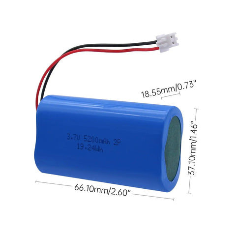 Beefy 5200mAh 3.7V Lithium Rechargeable Battery Pack with JST 2 Pin Connector and dimensions labeled in blue casing