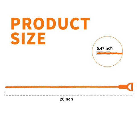 20 inch flexible drain snake in orange, designed for stubborn pipe clogs and hair buildup in kitchen sinks and bathrooms.