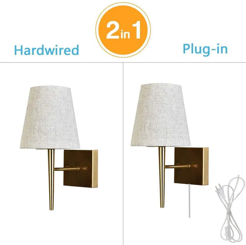 Mid Century Modern Plug In Wall Sconce Set With Beige Fabric Shade Antique Gold Finish 1 Light Indoor Wall Lamp For Hallway Bathroom Vanity Reading Nook Easy Install Pair showing hardwired and plug-in options