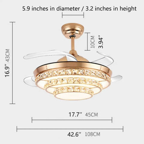 Dimensions of 42 Inch Crystal Chandelier Ceiling Fan With Invisible Blades And Wall Control Featuring Slick Airflow And Top Shelf Led Illumination Offering Three Color Tint Options For A Gold Room Refresh.