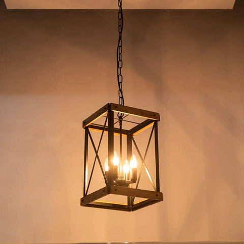 Four Light Wood Grain Black Cage Pendant Lamp For Kitchen Island And Dining Room, Rustic Farmhouse Style Hanging Pendant Light Fixture