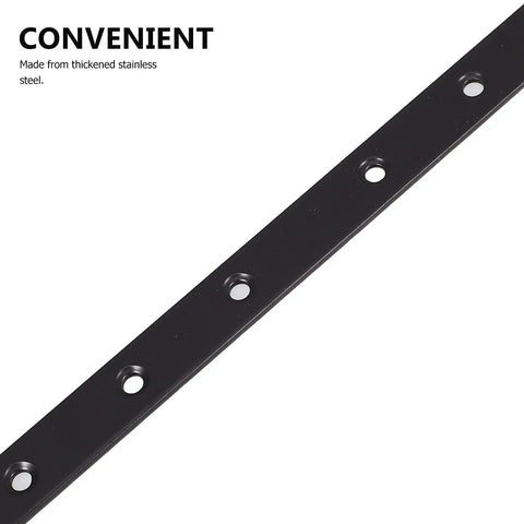 Heavy Duty Black Stainless Steel Flat Straight Brackets For Furniture Repair And Shelf Support, multiple countersunk holes visible