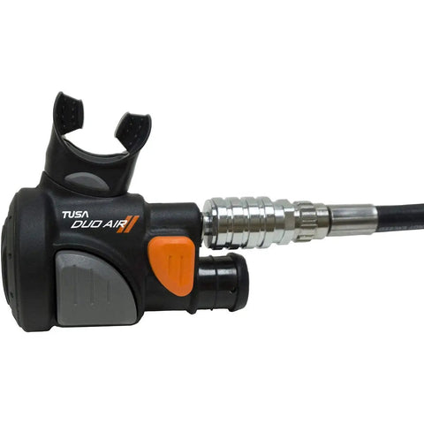 Duo Air II Alternate Combo Inflator For Scuba BCDs With Downstream Demand Valve Delivers Smooth Breathing And Reliable Airflow Underwater Built Tough For Long Lasting Dive Rig Performance, black and orange unit close-up showing button and connector.