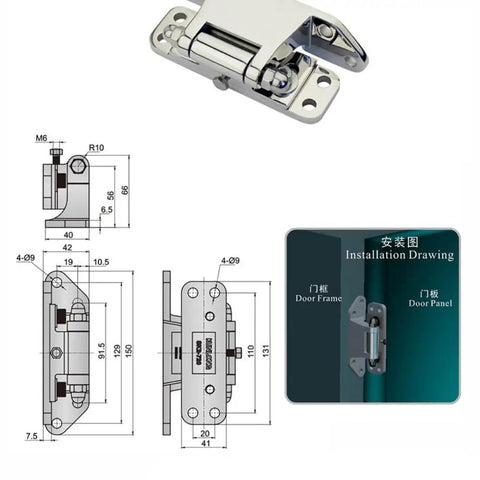 Heavy Duty 304 Stainless Steel Hinge For Cold Storage And Walk In Freezers Featuring A Polished Convex Door Design with installation dimensions.