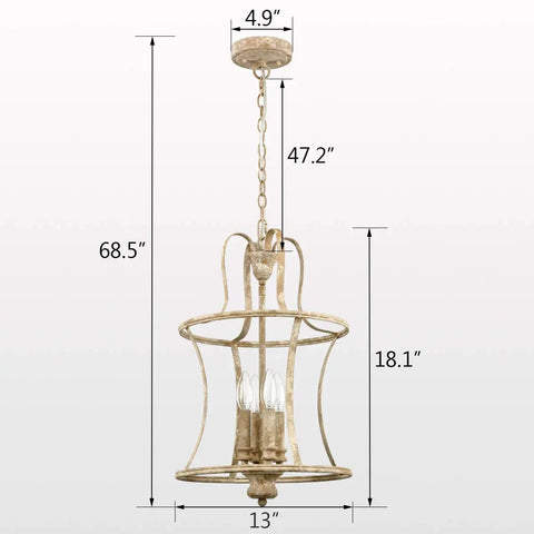 Black Lantern Chandelier Light Fixtures, Four Light Candelabra Style Island Pendant Lighting with dimensions displayed
