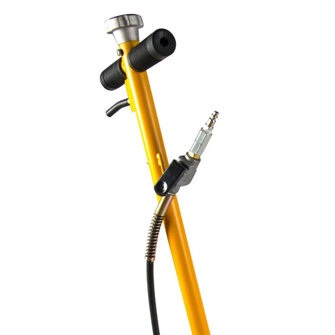 Heavy Duty Air Driven Axle Jack With Self Returning Springs For Rapid Capacity Lifts and Built In Bypass System close-up of air hose and handle.