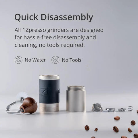 Disassembled Barista-Grade Manual Coffee Grinder With 48mm Stainless Steel Conical Burr components, compact and durable.