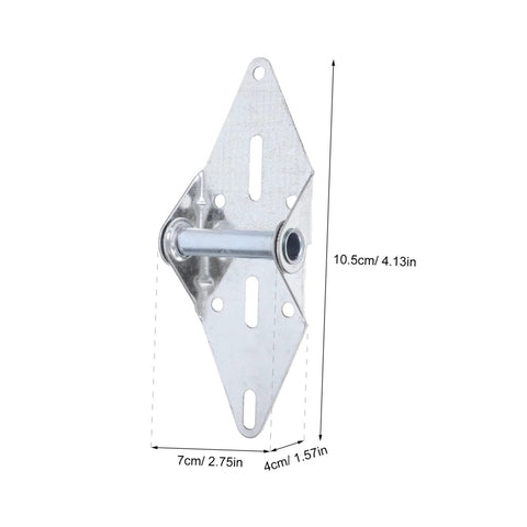 Front view of metal heavy-duty garage door hinge with roller, 10.5 cm tall, 7 cm wide, mounting holes