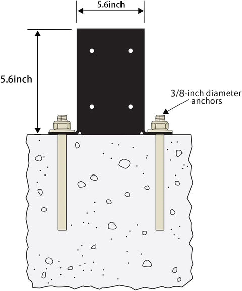 Illustration of Heavy Duty 6x6 Post Base Brackets 8 Pack showing 5.6x5.6 inner size with bolt anchors in concrete