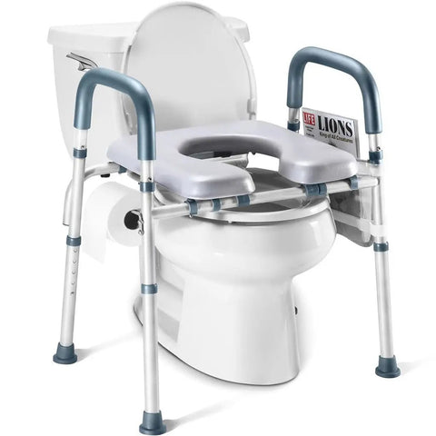Adjustable Heavy Duty Toilet Seat Riser With Armrests For Seniors Holds Up To 400 Pounds, features sturdy foam grips and adjustable legs.
