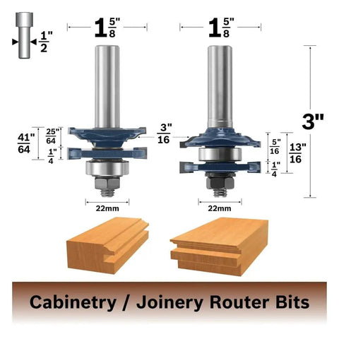 Two Piece Carbide Tipped Ogee Stile And Rail Router Bit Set for cabinetry with dimensions and design details