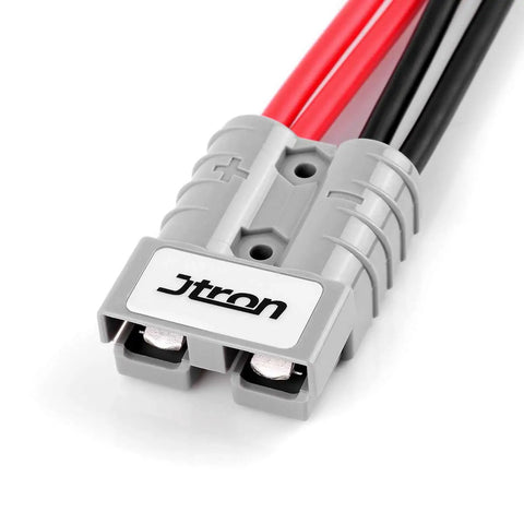 Heavy Duty Forklift Charging Plug With 50 Amp Split Connector And 10 Awg Cable showing grey plug with red and black cables.