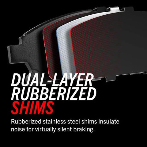 PowerStop front brake kit with dual-layer rubberized shims; close-up view of brake pads.