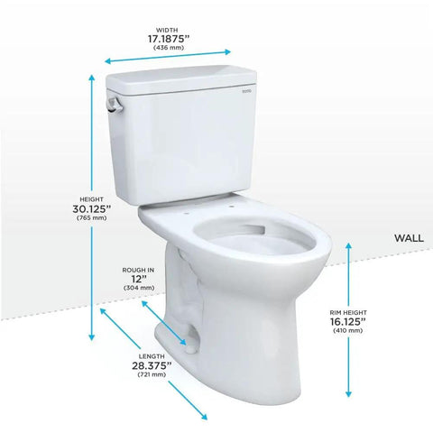 Top Shelf Two Piece Elongated Toilet Featuring Universal Height And 1.6 GPF Tornado Flush System For Hassle Free Grime Control And Reliable Everyday Bathroom Comfort In Crisp White, shown with dimensions.