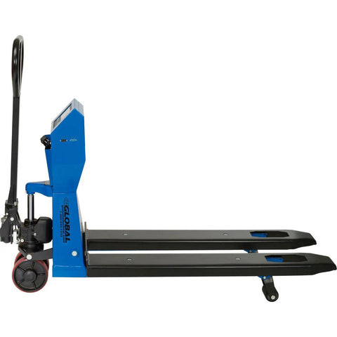 Heavy Duty Low Profile Pallet Jack Scale Truck Built Tough For Serious Payload Jobs Featuring Integrated Digital Weight Meter And No Sweat Ergonomic Pump Lever Systems side view showing 48 inch forks and digital weight gauge.