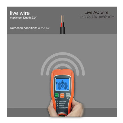 Heavy Duty 5 In 1 Stud Finder Wall Scanner with LCD panel detecting live AC wire with maximum depth of 2 inches.
