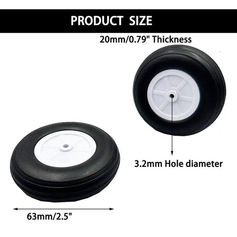 Four Pack 2.5 Inch RC Airplane Foam Wheels With Plastic Hubs, 63mm diameter, black foam and white hub, size details shown