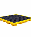Stackable Spill Containment Pallet With Leakproof Plastic Platform Grating And Drain Tray For Safe Liquid Storage Built To Last, Tough As Nails Polyethylene Build Ideal For Industrial Or Workshop Use 130x130x15 cm displaying yellow plastic