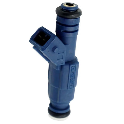 Six 0280155712 Fuel Injectors Kit For Cadillac Catera Saab 900 9000 9 5 Boost MPG And Smooth Engine Performance Balanced Fuel Delivery Replaces Worn Injectors Premium Quality Car Parts. Blue fuel injector close-up, plastic and metal OEM-style automotive part
