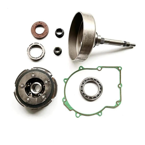 Heavy Duty Rock Solid Wet Shoe Clutch Drum Housing One Way Bearing Replacement Fits Hisun Hs500atv And Hs700atv components laid out.