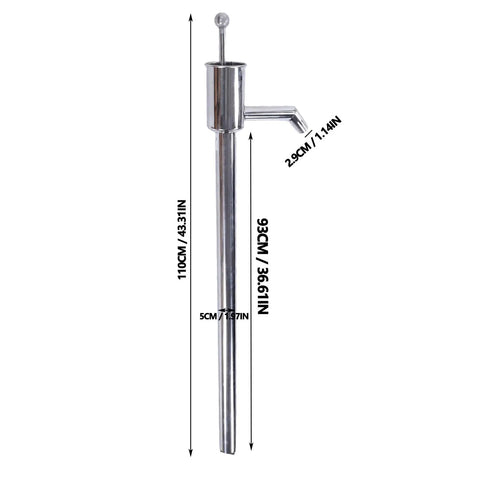 Stainless Steel Hand Drum Pump For Manual Oil Transfer Water Kerosene And Alcohol Compatible With 55 Gallon 180L To 300L Containers, side view with dimensions.