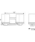 Technical drawing of 2 Light Bathroom Vanity Light in Coastal Modern Style with Etched White Glass Shades, 13x6.5x5.25 inches.