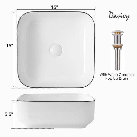 White Square Vessel Sink With Black Trim 15-Inch Above Counter Sink Pop Up Drain Modern European Style Bathroom Vanity Bowl