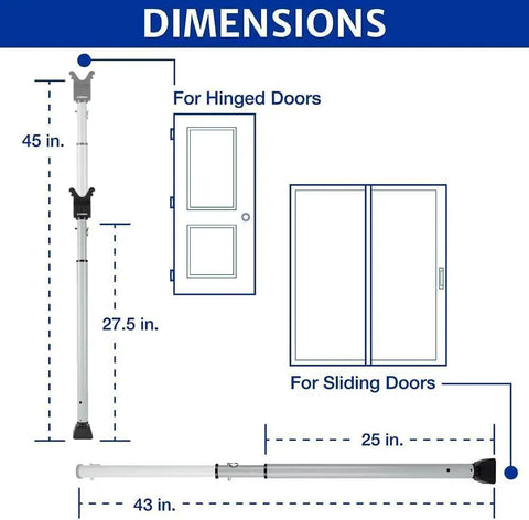 Dimensions of Tough As Nails Door Security Bar With Blaring 121Db Alarm, adjustable from 27.5 to 45 inches for door protection.