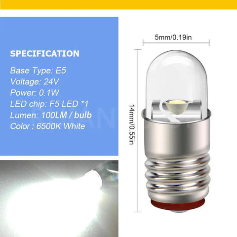 Badass E5 And E5.5 Led Bulbs 24V White Screw Base replacement showing dimensions and specifications for model train lighting.